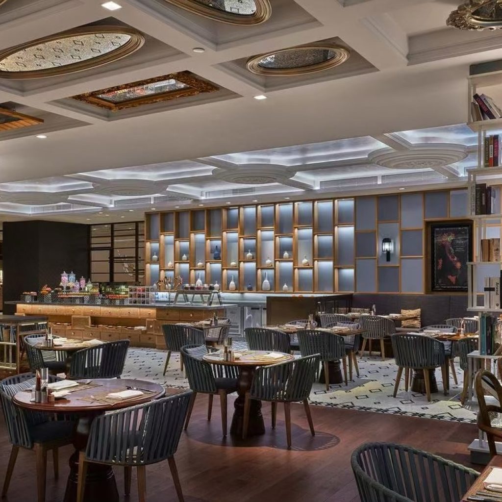 Fairmont Chengdu buffet restaurant interior with elegant lighting and modern dining tables