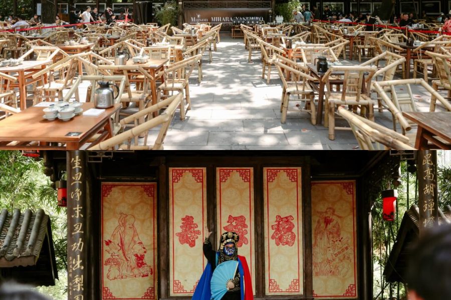 Large outdoor teahouse at Tiexiangsi Water Street in Chengdu, featuring bamboo chairs, tea tables, and a traditional performance stage under lush trees.