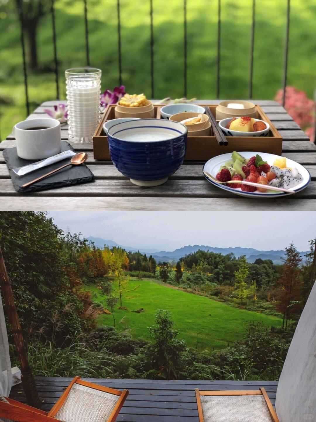 Collage showing breakfast served at Lu Zhi Qingcheng and the serene mountain views from the retreat.