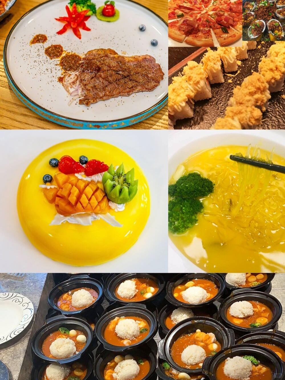 Assorted dishes served at Tang Lehui Hot Spring, including grilled skewers, desserts, fruits, and egg custard.