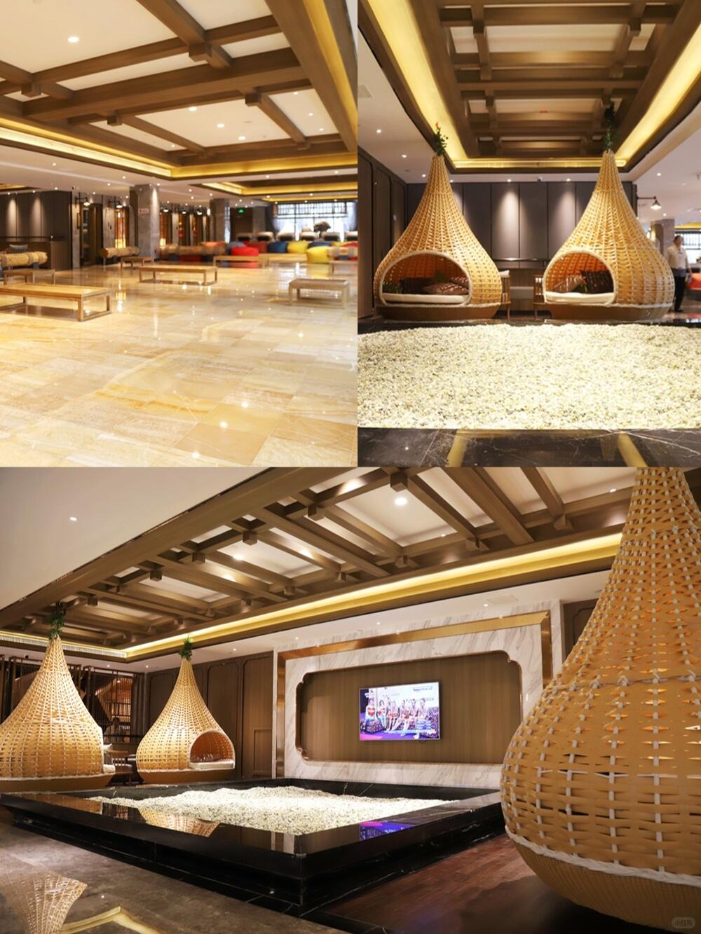 Spacious relaxation area at Tang Lehui Hot Spring featuring hanging lounge chairs and comfortable seating.