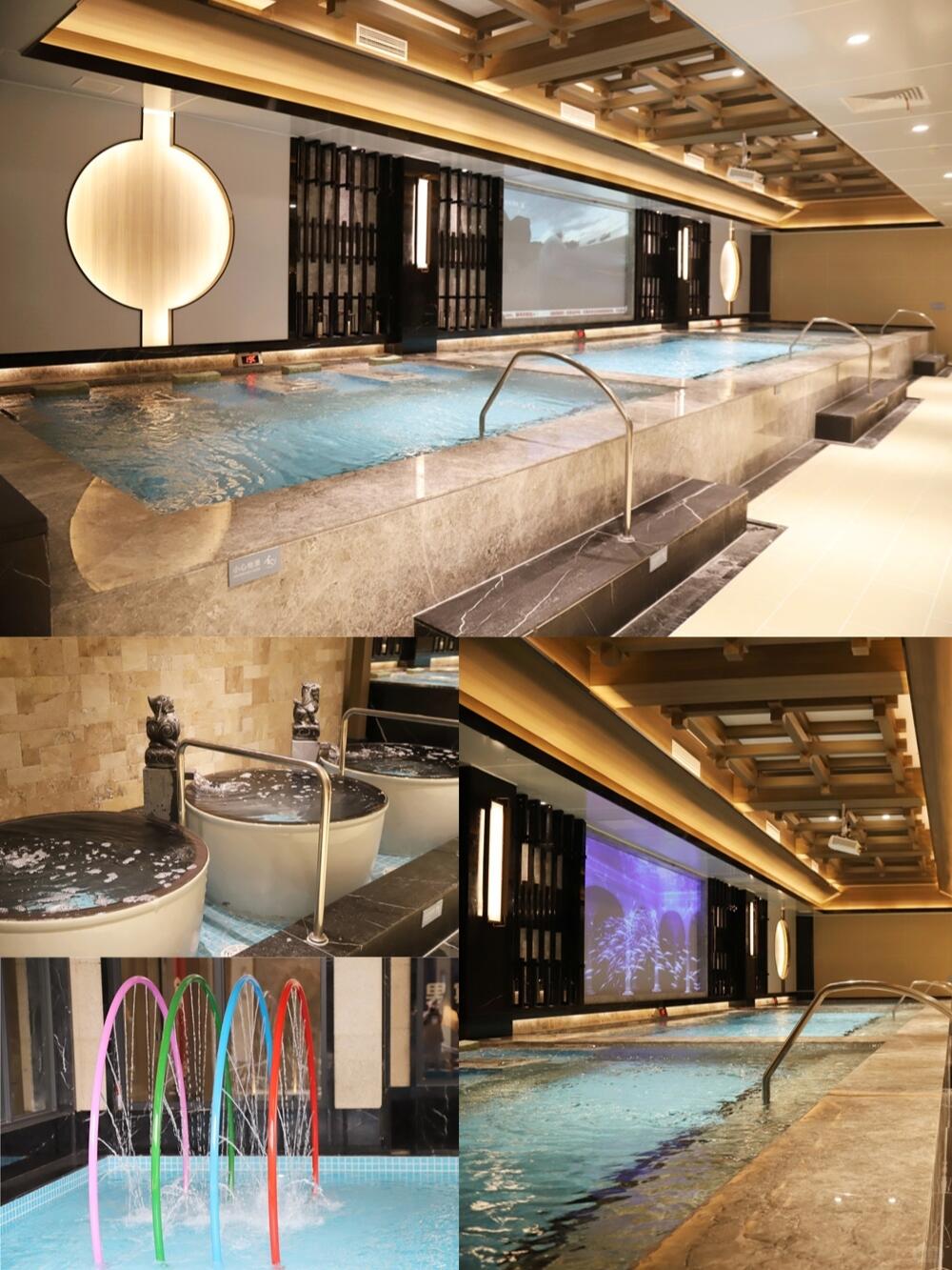 Collage of themed hot spring pools at Tang Lehui Hot Spring, featuring bright interiors and family-friendly water areas.